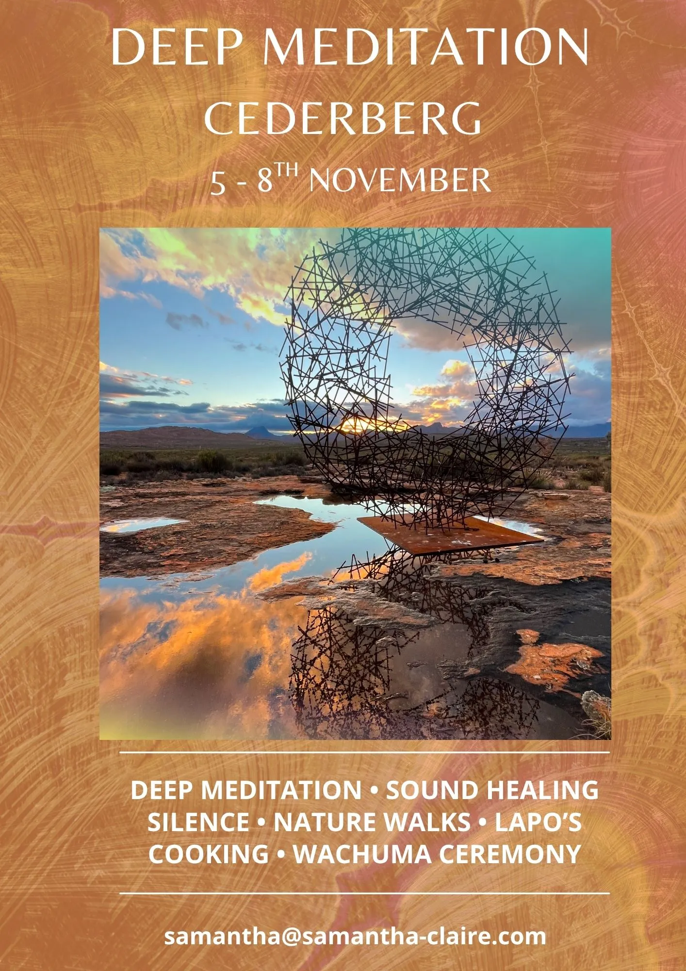 Flyer for Dyb Meditation Cederberg: 5.–8. november, Sydafrika. Dyb meditation, lydhealing, stilhed, naturvandringer, Lapos madlavning og wachuma-ceremoni.